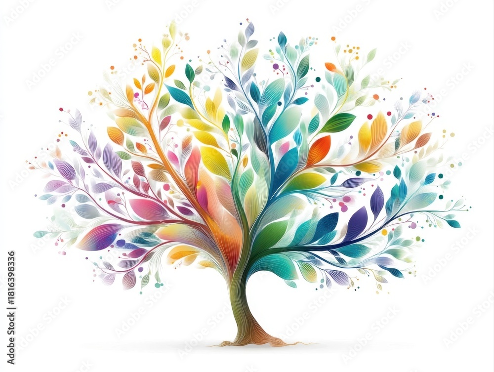 Fototapeta premium A colorful, artistic tree with vibrant, swirling leaves in multiple hues, symbolizing creativity and diversity on a white background.