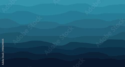 A serene landscape unfolds with layers of rolling hills, each a gradient of deep blues, creating a calming and atmospheric vista that evokes a sense of depth and tranquility in natures embrace