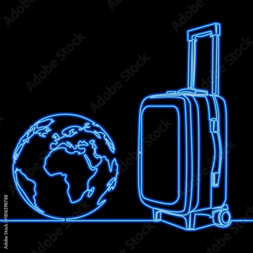 Planet Earth with travel suitcase symbolizing global tourism and adventure icon neon glow vector illustration concept