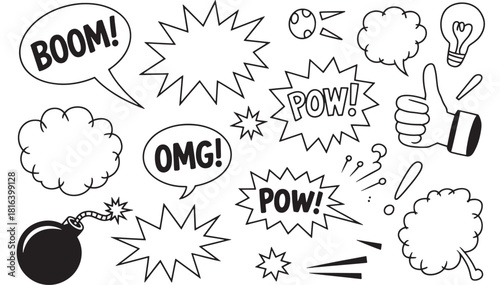 Set of comic speech bubbles and doodles vector illustration in outline style isolated on white background for graphic design