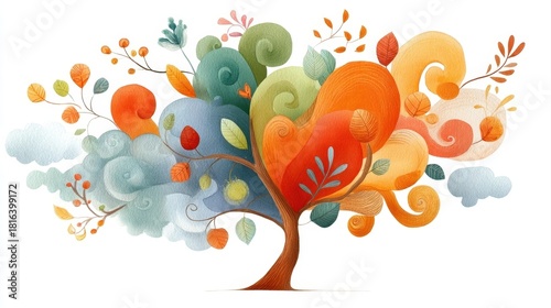 A colorful, whimsical tree with swirling branches and leaves in shades of orange, blue, green, and yellow, blending natural and artistic elements in a vibrant composition.