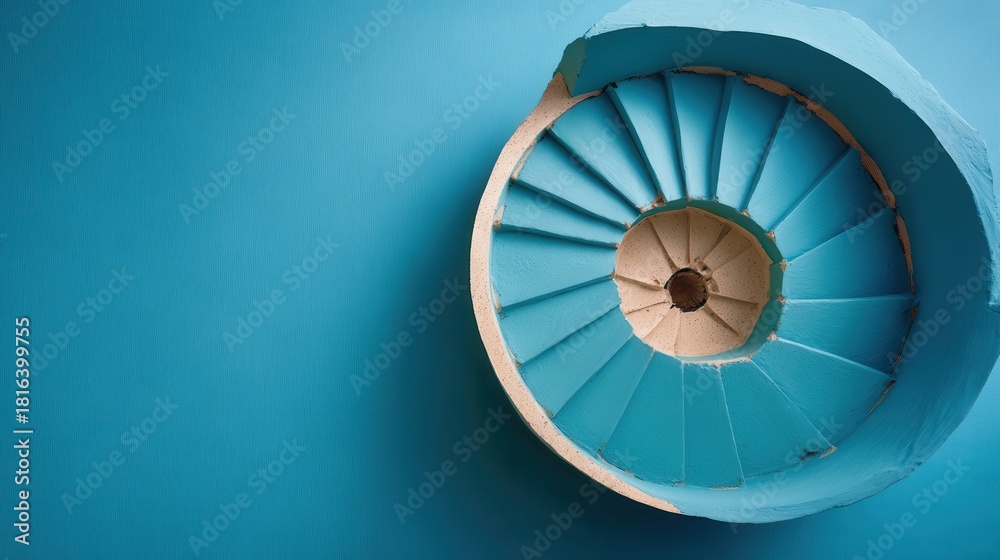 Fototapeta premium An abstract perspective of a bright blue spiral staircase against a textured wall, highlighting the geometric pattern and upward movement.
