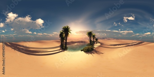HDRI High resolution map. environment map, Round panorama, spherical panorama, equidistant projection, panoramic landscape of the oasis in the desert,  panorama 360