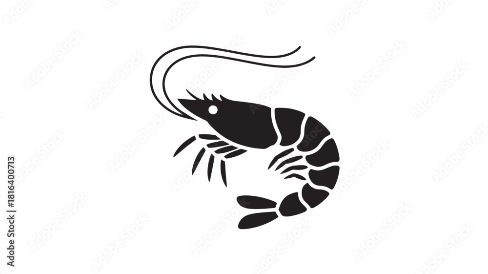 Fototapeta premium Shrimp silhouette vector illustration simple black glyph design isolated on white background for seafood menu or logo