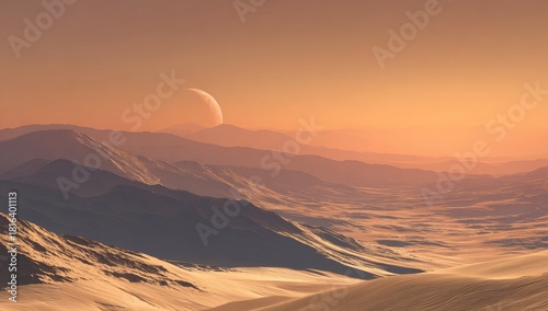 Desert landscape with distant mountains, dunes, and celestial body at sunset