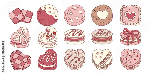 A vector collection of pink and beige Valentine's Day cookies and heart-shaped macarons, decorated with icing and sprinkles.