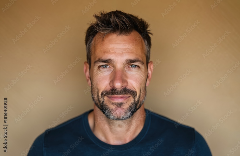 Obraz premium Middle-aged man with beard and mustache looks seriously at camera. Calm unshaven caucasian male indoors against plain background. Confident adult person with grey hair.