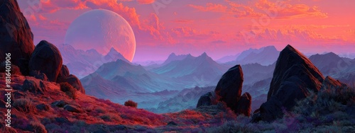 Scenic alien landscape with pastel sunset, rolling mountains, rocks, and a large planetoid
