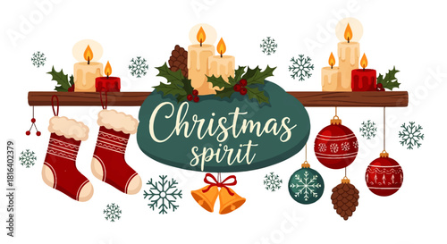 Christmas Spirit Illustration with Candles, Stockings, and Ornaments