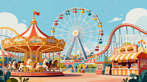 A colorful amusement park illustration features a carousel, Ferris wheel, and roller coaster, with people enjoying various attractions, creating a cheerful and nostalgic scene.