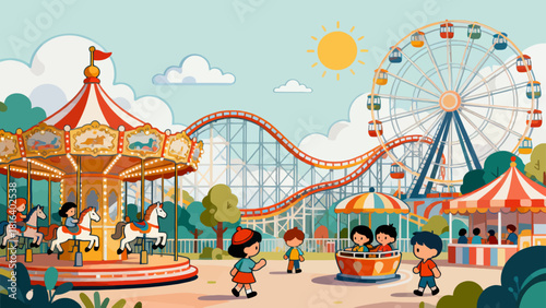 A colorful amusement park illustration features a carousel, Ferris wheel, and roller coaster, with people enjoying various attractions, creating a cheerful and nostalgic scene.