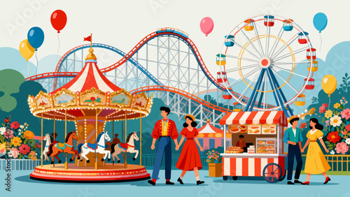 A colorful amusement park illustration features a carousel, Ferris wheel, and roller coaster, with people enjoying various attractions, creating a cheerful and nostalgic scene.