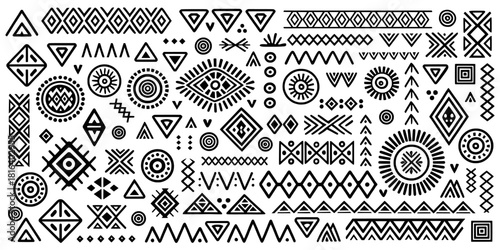 Set of primitive ethnic elements isolated on white background. Vector hand drawn geometric patterns in ethnic style.