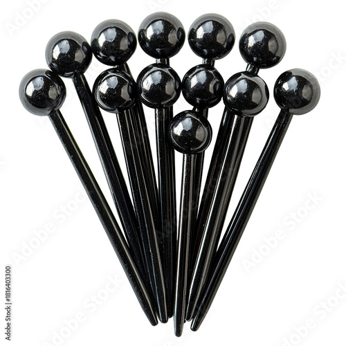 Black Plastic Swizzle Sticks For Cocktails. Elegant Drink Stirring Accessories For Bars And Parties Isolated On Transparent Background
