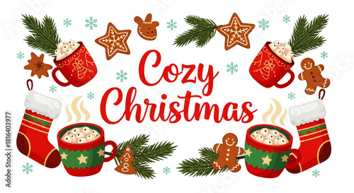 Cozy Christmas Holiday Scene with Hot Chocolate and Gingerbread