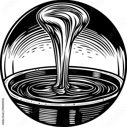 Abstract black and white flowing liquid in a circular frame