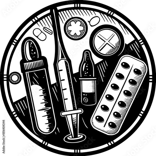 Medical supplies and pharmaceutical items arranged in a circular pattern