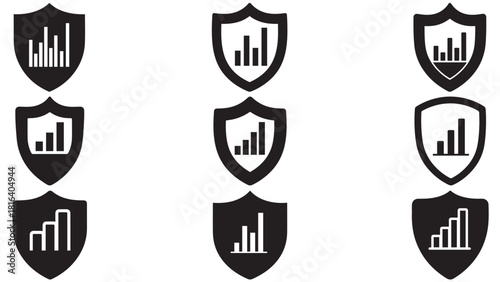Shielded bar graph emblem _ security-focused financial analytics icon for protected reporting, risk monitoring and data integrity