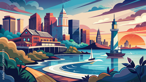 Very beautiful illustration of Lake Erie in Cleveland, Ohio, featuring stylized waterfront scenery, gentle waves, and clean artistic elements that capture the calm atmosphere of this well-known global