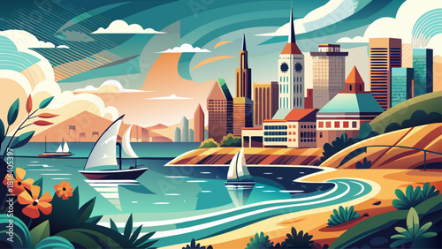 Very beautiful illustration of Lake Erie in Cleveland, Ohio, featuring stylized waterfront scenery, gentle waves, and clean artistic elements that capture the calm atmosphere of this well-known global