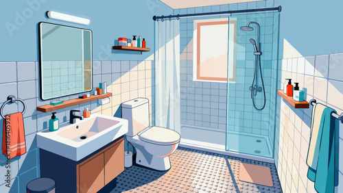 A colorful bathroom illustration features a sink, toilet, and shower, organized with toiletries and towels, creating a stylish and functional home space.