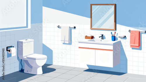 A colorful bathroom illustration features a sink, toilet, and shower, organized with toiletries and towels, creating a stylish and functional home space.