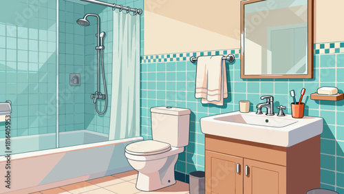 A colorful bathroom illustration features a sink, toilet, and shower, organized with toiletries and towels, creating a stylish and functional home space.