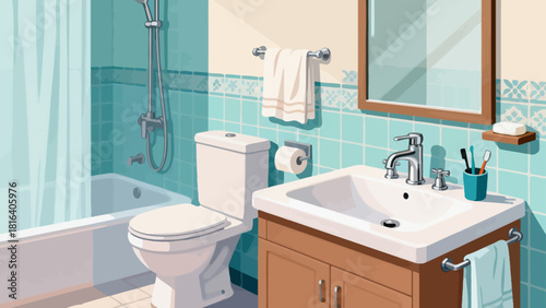 A colorful bathroom illustration features a sink, toilet, and shower, organized with toiletries and towels, creating a stylish and functional home space.