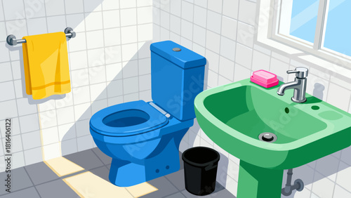 A colorful bathroom illustration features a sink, toilet, and shower, organized with toiletries and towels, creating a stylish and functional home space.