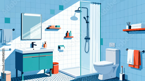 A colorful bathroom illustration features a sink, toilet, and shower, organized with toiletries and towels, creating a stylish and functional home space.