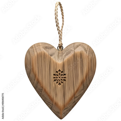 Wooden heart Christmas ornament isolated on transparent background