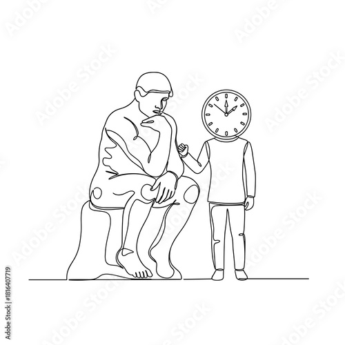Line art of thinker kneeling beside clock-headed child