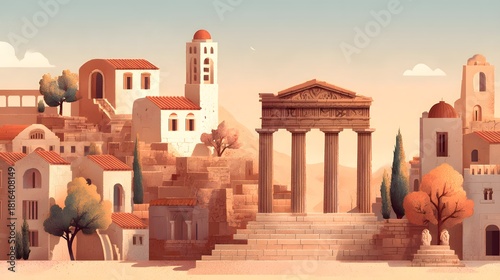 Fototapeta Naklejka Na Ścianę i Meble -  Stylized illustration of an ancient Mediterranean city with a classical temple.
