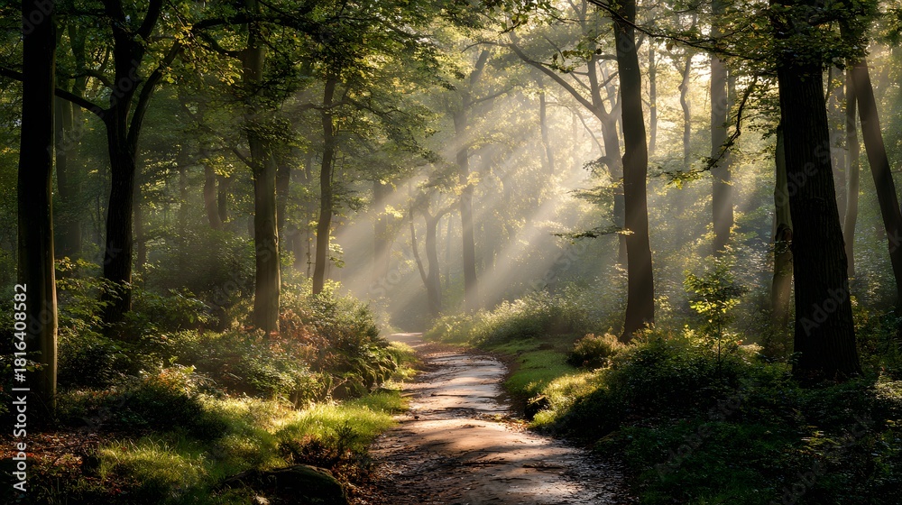 Obraz premium Sunbeams stream through a tranquil forest illuminating a winding path.
