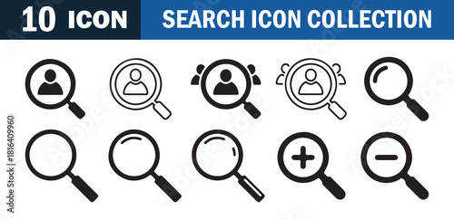 Collection of ten diverse search icons featuring magnifying glasses with user and zoom symbols