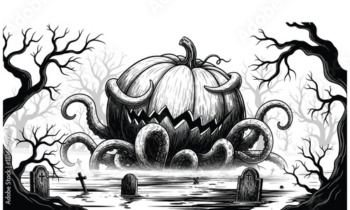 Creepy black and white illustration of a giant, monstrous pumpkin creature with tentacles rising from a dark, swampy graveyard surrounded by gnarled, spooky tree branches