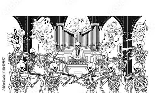 Macabre illustration of a skeleton orchestra playing music inside a gothic church with a large pipe organ and ghostly figures floating above