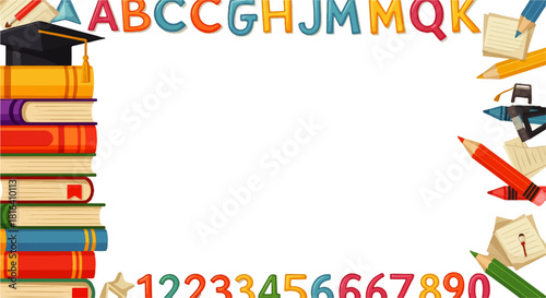 Colorful Educational Frame with Books and Alphabet