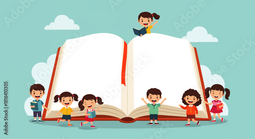 Cartoon Kids with Giant Book Vector Illustration