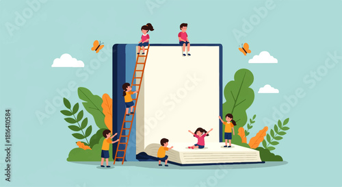 Children with Book and Ladder Cartoon Illustration