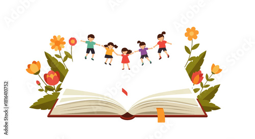 Children Playing Over Open Storybook Illustration