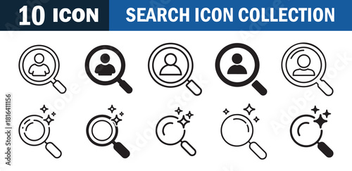 Search icon collection. Magnifying glass with human profile and sparkling effects