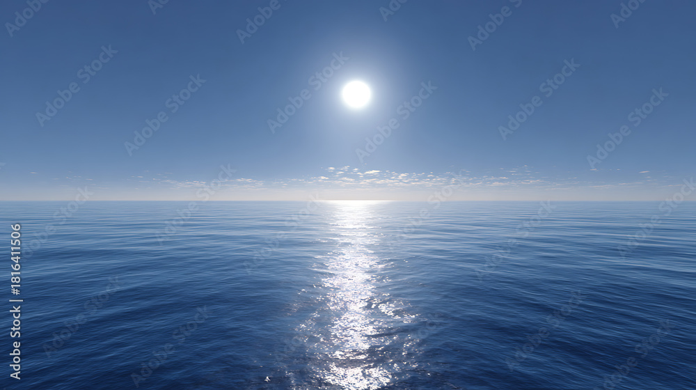 Obraz premium Brilliant sun shining over calm blue ocean waves under clear sky water