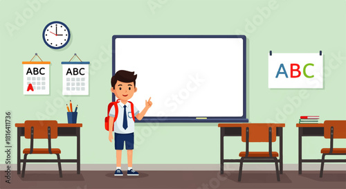 Cartoon Student in Classroom with Blackboard
