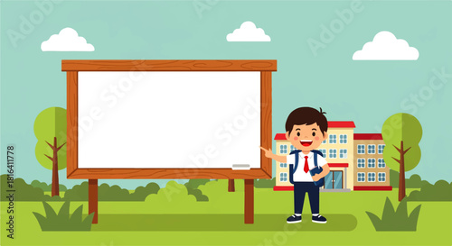 Schoolboy Presenting Whiteboard with School Building