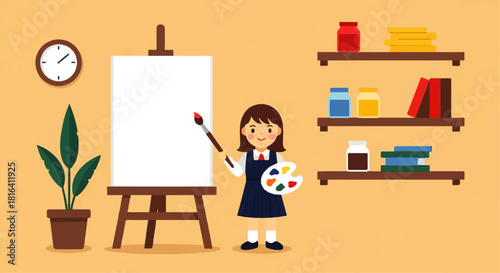 Cartoon Girl Painting on Canvas with Shelves and Plant