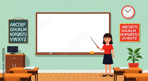 Classroom Setting with Teacher and Whiteboard