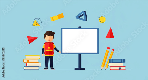 Cartoon Pupil with Backpack and Learning Materials Illustration