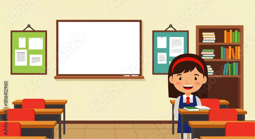 Classroom with Student and Bookshelf Illustration