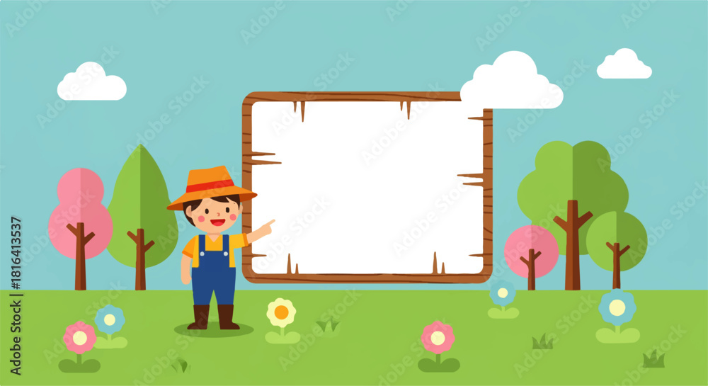 Obraz premium Cartoon Farmer Signboard with Trees and Flowers